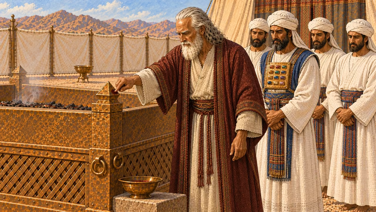 At the broad bronze lattice altar, Moses touches one small dark red mark onto a corner projection with his finger while a shallow bronze bowl rests at the base where the remainder has been poured. Aaron and his sons observe solemnly. No animal body, pouring action, splashing, gore, dramatic blood, or white-priest substitution for Moses.