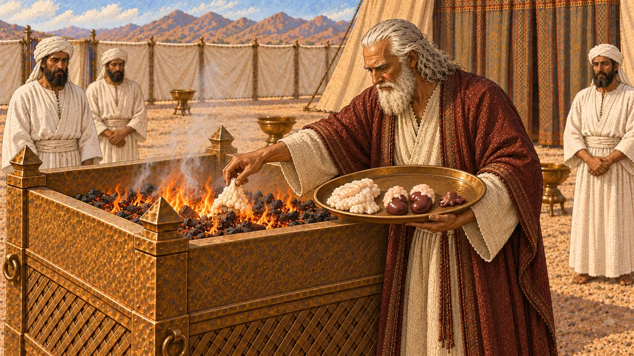 Moses places clean prepared pale portions onto the low altar fire: the covering fat, exactly two kidneys with their fat, and one liver appendage. Arrange the portions clearly on a bronze tray before the flame. No whole animal, entrail mass, blood, gore, extra kidneys, bread, or feast food.