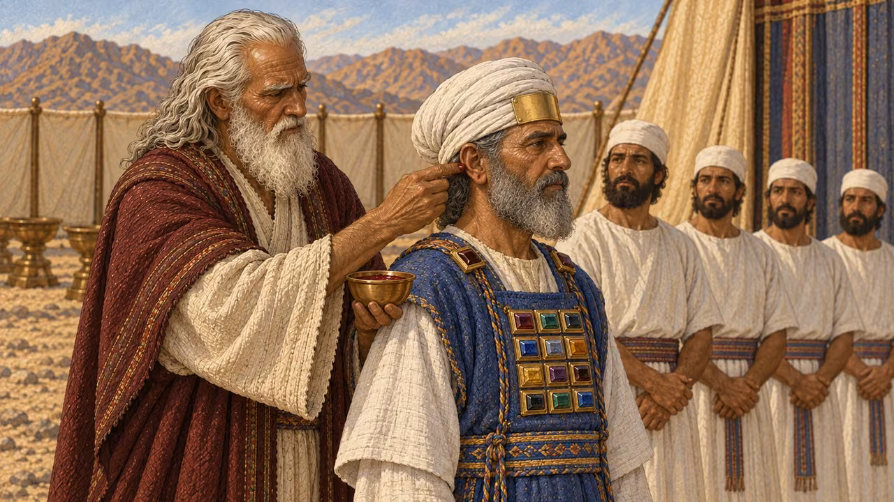Moses applies three tiny restrained dark red marks to Aaron and then his adult sons: right earlobe, right thumb, and right big toe. They stand in one orderly line with right hands and sandaled right feet positioned naturally. Exactly those three locations per person; no left-side marks, wounds, dripping blood, gore, animal body, or exaggerated poses.