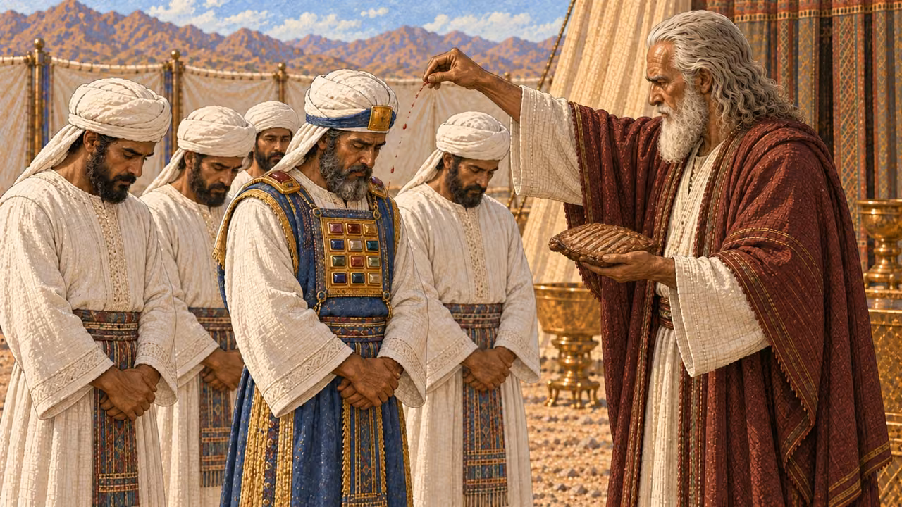 Moses holds the cooked breast as his wave-offering portion while lightly sprinkling a restrained mixture of oil and altar blood onto Aaron's complete garments and the white garments of Aaron's adult sons. Use only a few small droplets and dignified poses. No gore, soaked clothing, animal carcass, magical glow, extra food portions, or visible deity.