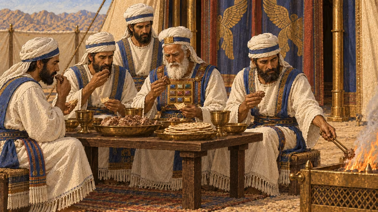 At the entrance of the tent of meeting, Aaron and his adult sons eat boiled meat and unleavened bread from the ordination basket in a solemn shared meal. Nearby, one small remaining portion is placed into a controlled fire. Keep eating and disposal spatially clear within one composition; no raw meat, blood, bones, feast excess, women, children, or ordinary camp setting.