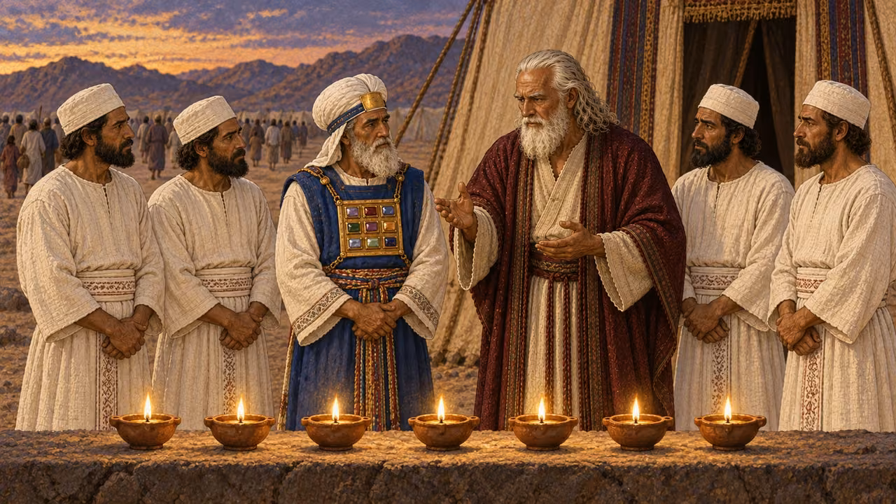 At twilight, Aaron and his adult sons remain faithfully at the entrance of the tent of meeting in their priestly garments, with seven small clay lamps arranged in a single row to symbolize the complete seven-day watch. Moses gives final instruction as the congregation recedes. Exactly seven lamps; no departure, sleeping, written calendar, extra lamps, blood, animals, or supernatural figure.