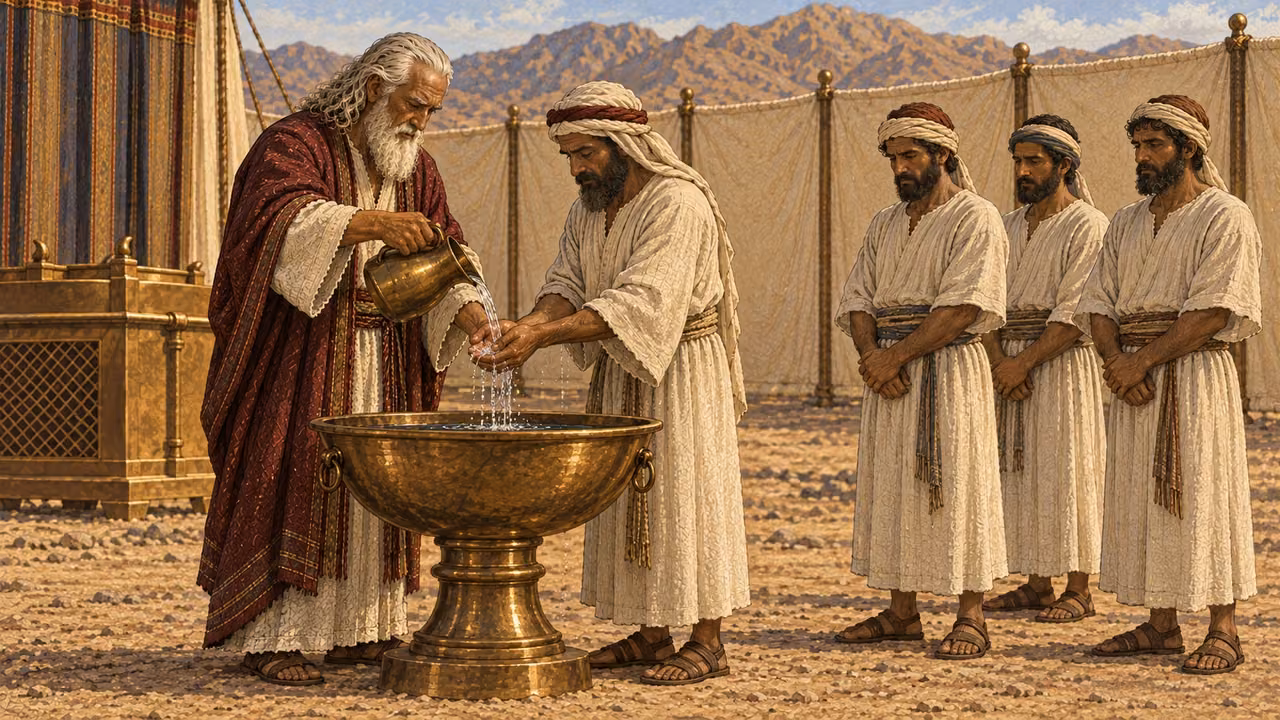 At the bronze basin within the sanctuary courtyard, Moses pours clean water over Aaron's hands while Aaron's adult sons wait in simple linen wraps to be washed. Preserve modest full-body coverage and solemn preparation. No nudity, ornate priestly garments yet, oil, blood, animals, or modern plumbing.