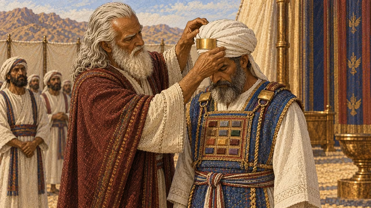 Close three-quarter view as Moses finishes Aaron's vestments by fastening the square breastpiece over the ephod, placing its concealed Urim and Thummim within, then setting a white turban with a small plain gold forehead plate. Show no readable writing on the plate and no loose gemstones, magical glow, modern jewelry, or visible deity.
