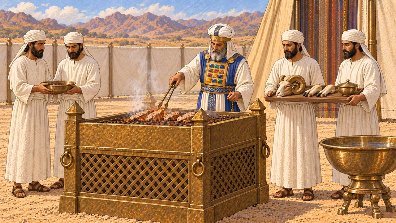 Aaron stands at the broad bronze altar as his adult priestly sons bring clean prepared ram portions piece by piece, including the head, washed inner portions, and lower legs. Aaron arranges them over a controlled fire; a bronze basin and shallow bowl stand nearby. No living animal, exposed entrail gore, splashing blood, carcass, or dramatic flames.