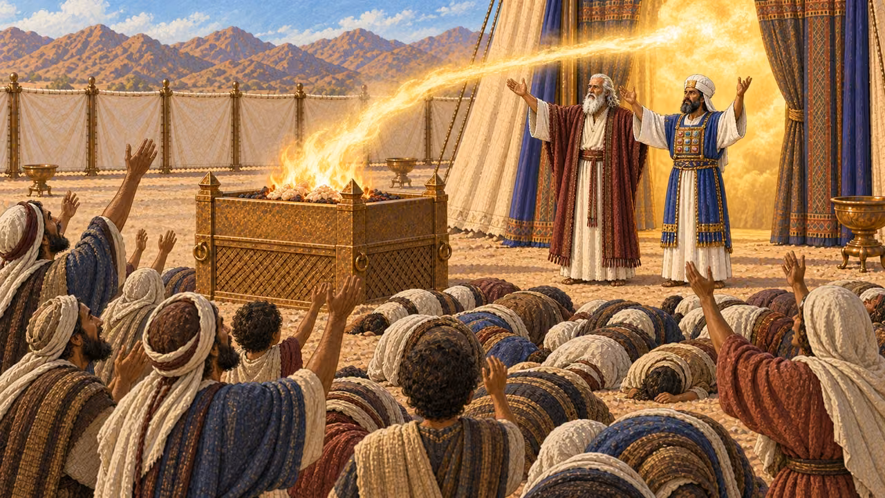 Moses and Aaron emerge together from the tent of meeting and bless the vast congregation as a radiant but non-figural golden cloud fills the sanctuary entrance. A concentrated supernatural flame streams from the sanctuary toward the broad bronze altar and consumes only the prepared offering and fat portions. The people shout with joy and bow face-down in ordered rows. No humanoid deity, faces in cloud, casualties, panic, wildfire, gore, or text.