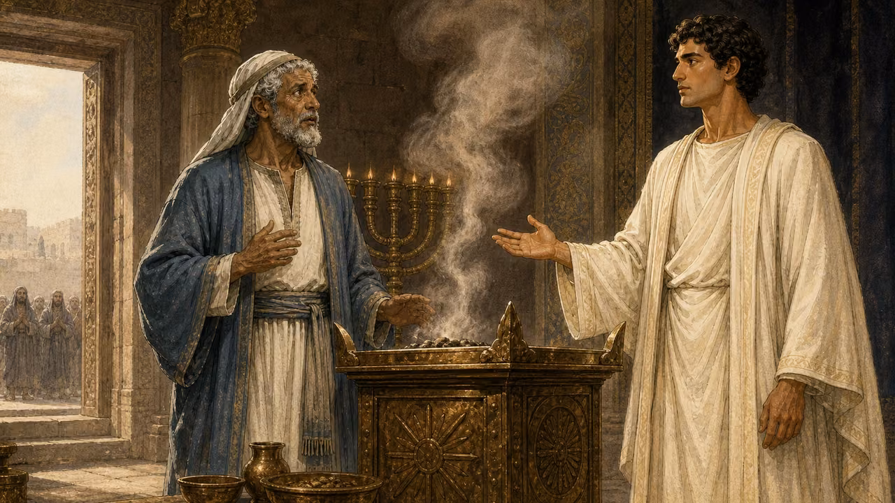 Graphic-novel illustration of the designed Zechariah beside the incense altar as the designed Gabriel appears at its right side.