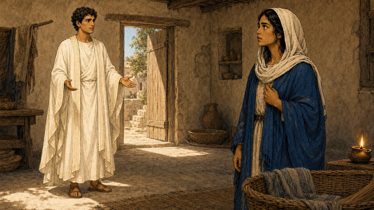 Graphic-novel illustration of the designed young Mary listening to the designed Gabriel in a modest Nazareth room.
