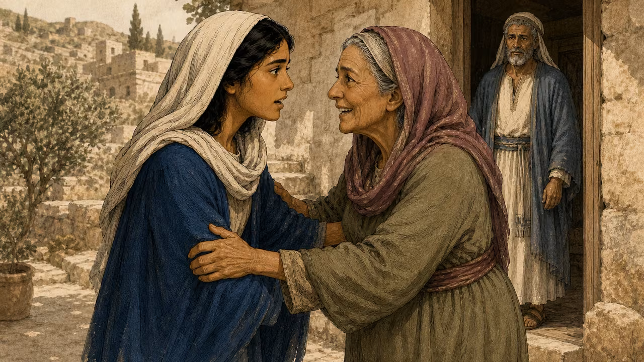 Graphic-novel illustration of the designed Mary and Elizabeth greeting one another joyfully at a hill-country doorway while Zechariah watches.