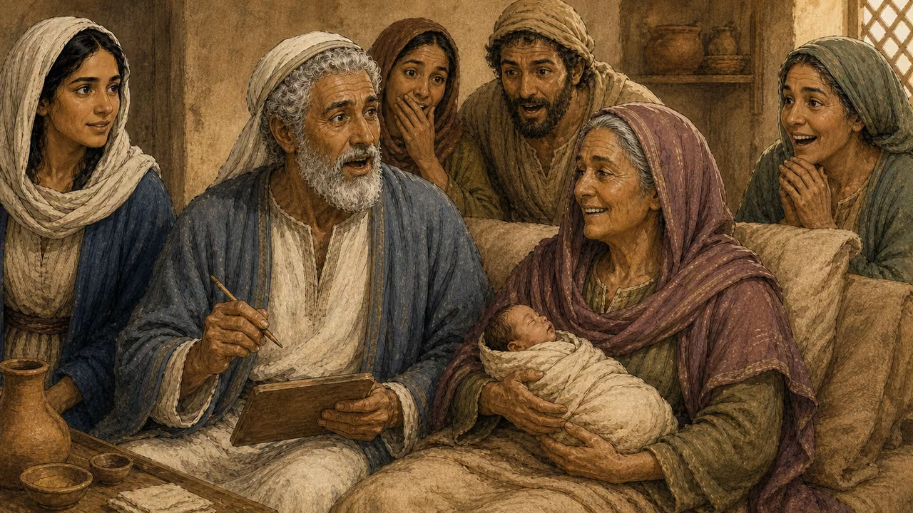 Graphic-novel illustration of the designed Elizabeth holding newborn John as the designed Zechariah lowers a blank tablet and begins praising God.