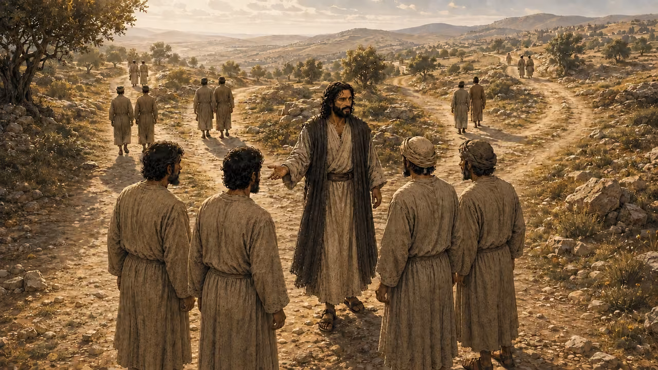Jesus commissions ordinary disciples as paired groups leave along branching roads toward surrounding towns.