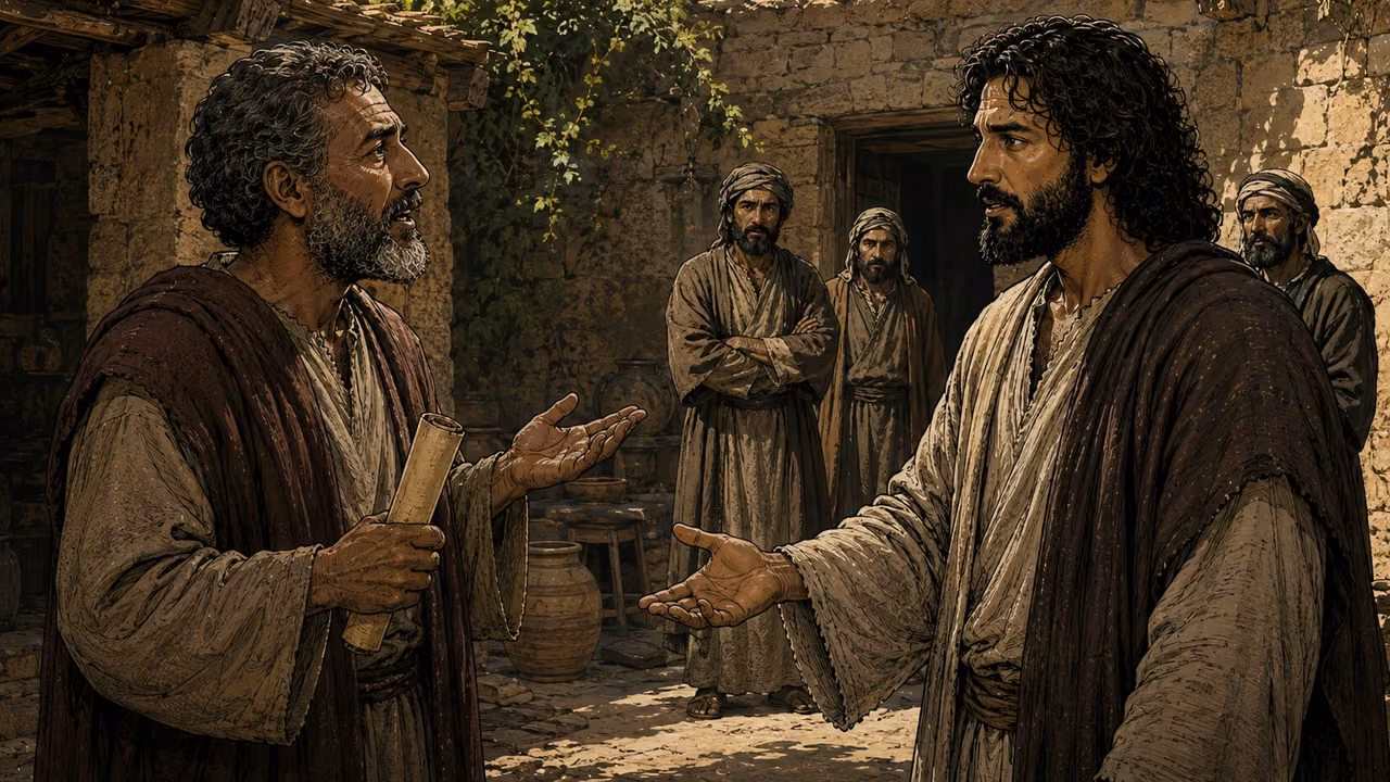 A dignified Torah expert raises a question before Jesus in a shaded Judean courtyard.