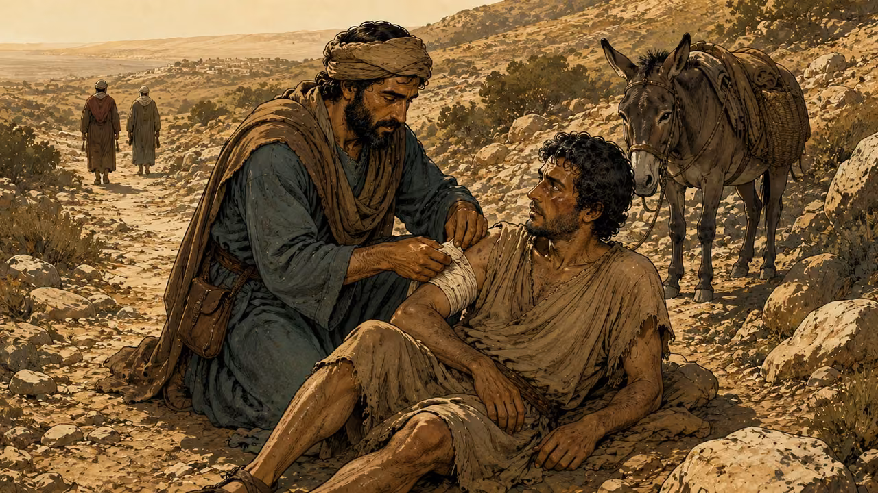 A Samaritan traveler bandages an injured man beside a donkey on the Jerusalem–Jericho road.