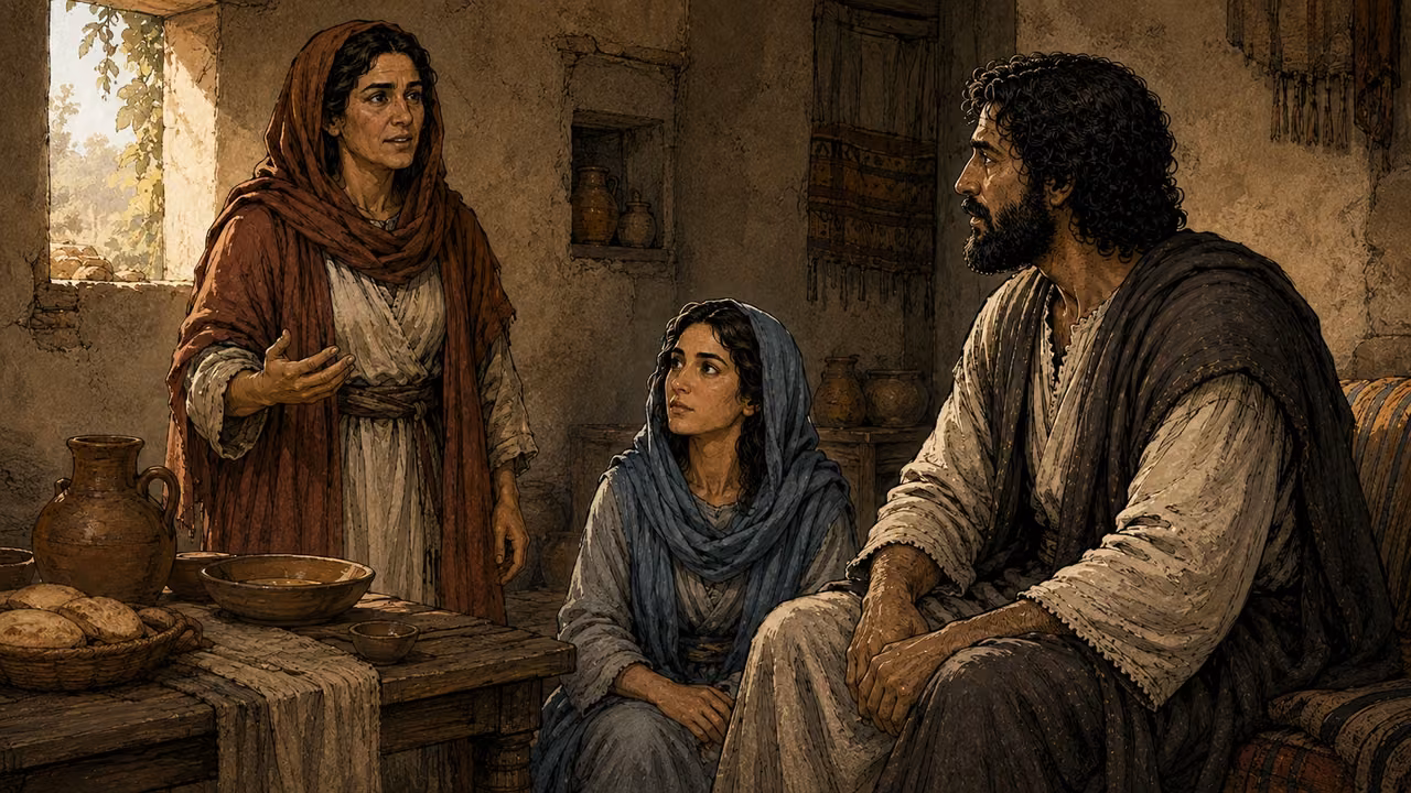 Martha pauses from serving as Mary listens at Jesus’s feet in their Bethany home.