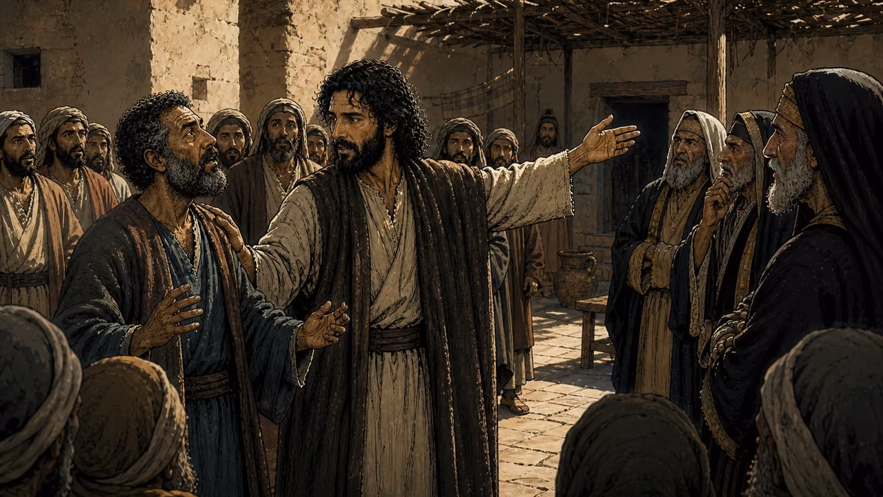 Jesus addresses serious questioners in a village courtyard while a restored man and gathered witnesses listen.