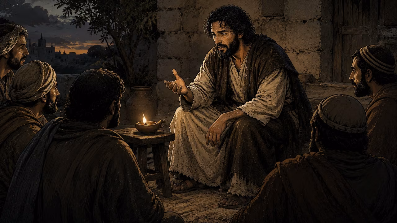 Jesus teaches attentive listeners beside a small clay oil lamp burning on a wooden stand in a shadowed first-century room.