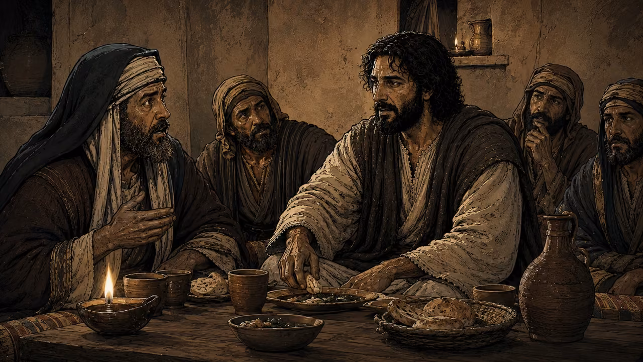 Jesus speaks calmly across a low meal table to a surprised Pharisee host while several serious guests listen in warm lamplight.