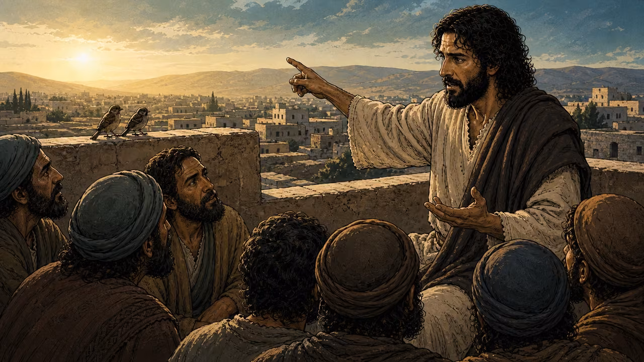 Jesus points toward two sparrows on a stone wall while teaching an attentive crowd above a first-century town.