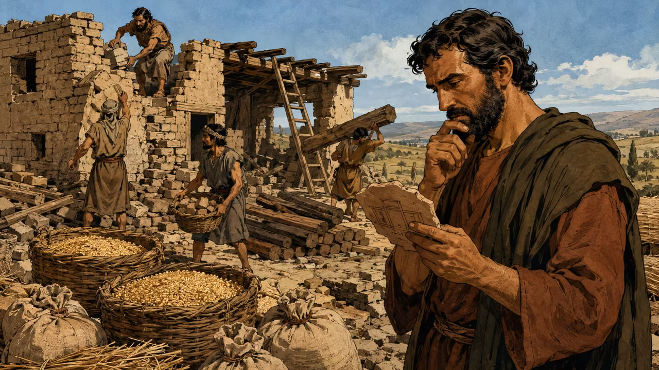 A wealthy landowner studies a simple building plan amid overflowing grain baskets while workers enlarge a mud-brick storehouse.