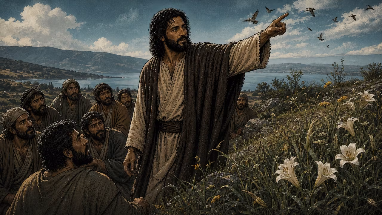 Jesus points toward birds above lakeside lilies while his disciples listen on a Galilean hillside.