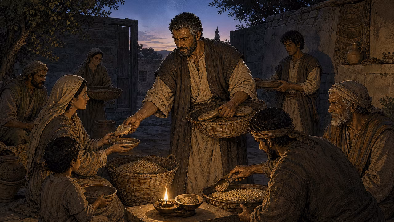 A responsible household manager distributes bread and grain to adults and children in a first-century courtyard at dusk.