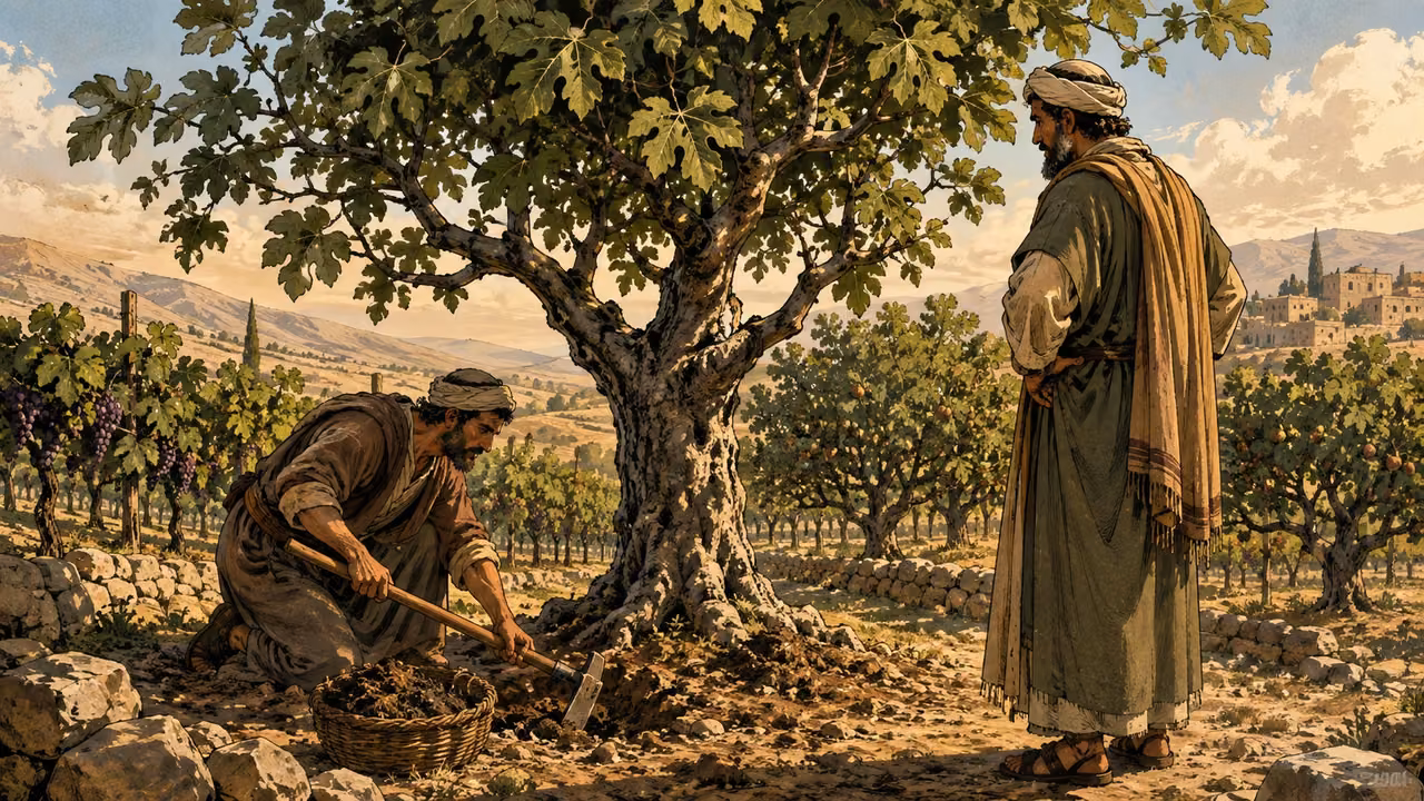 A vineyard keeper loosens soil beneath a mature fruitless fig tree while its owner listens among fruitful vines.