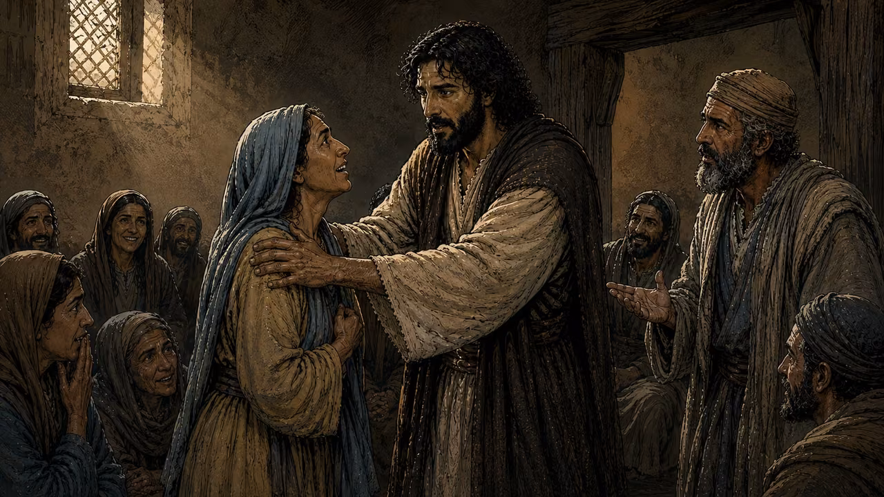 Jesus supports a woman as she rises upright in a synagogue while joyful witnesses and a concerned ruler respond.