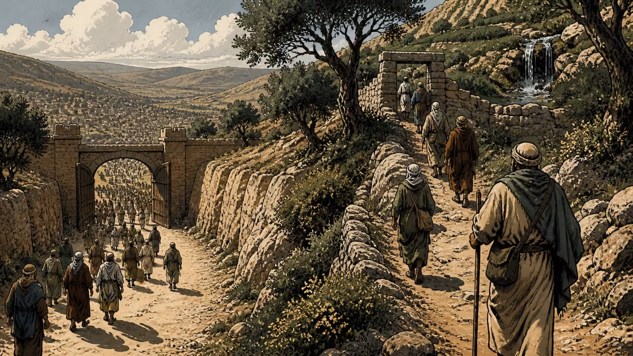 Travelers climb toward a narrow stone doorway while a larger crowd passes through a broad gate below.