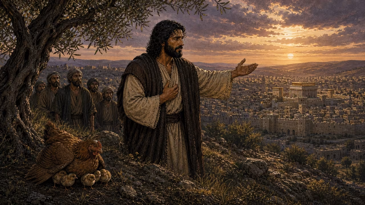 Jesus laments over Jerusalem at sunset beside a hen sheltering chicks while his disciples stand behind him.