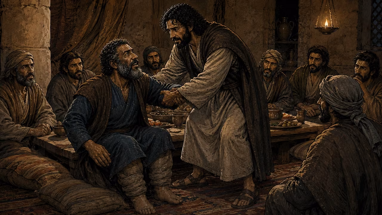 Jesus gently steadies a relieved man beside a low Sabbath meal table while serious guests watch.