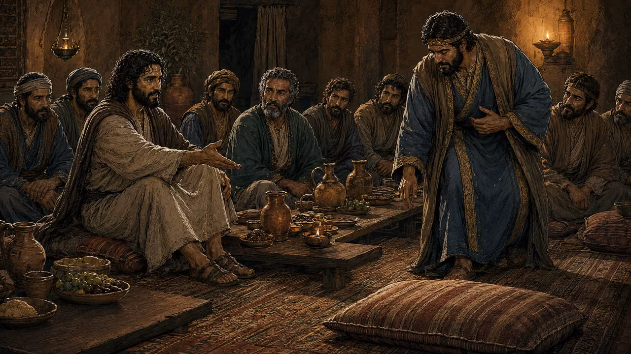 Jesus gestures toward a humble banquet cushion as a richly dressed guest moves away from the place of honor.