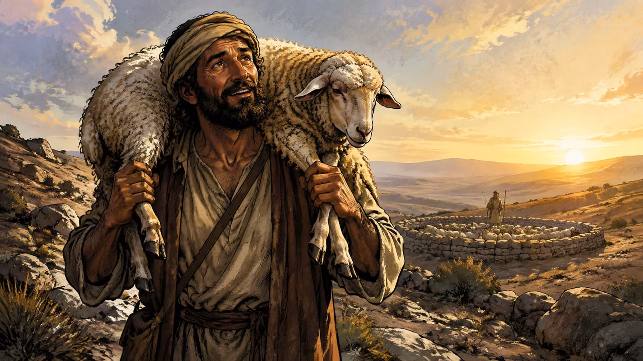 A joyful Judean shepherd carries a recovered full-size sheep while the remaining flock rests safely in a distant stone fold.
