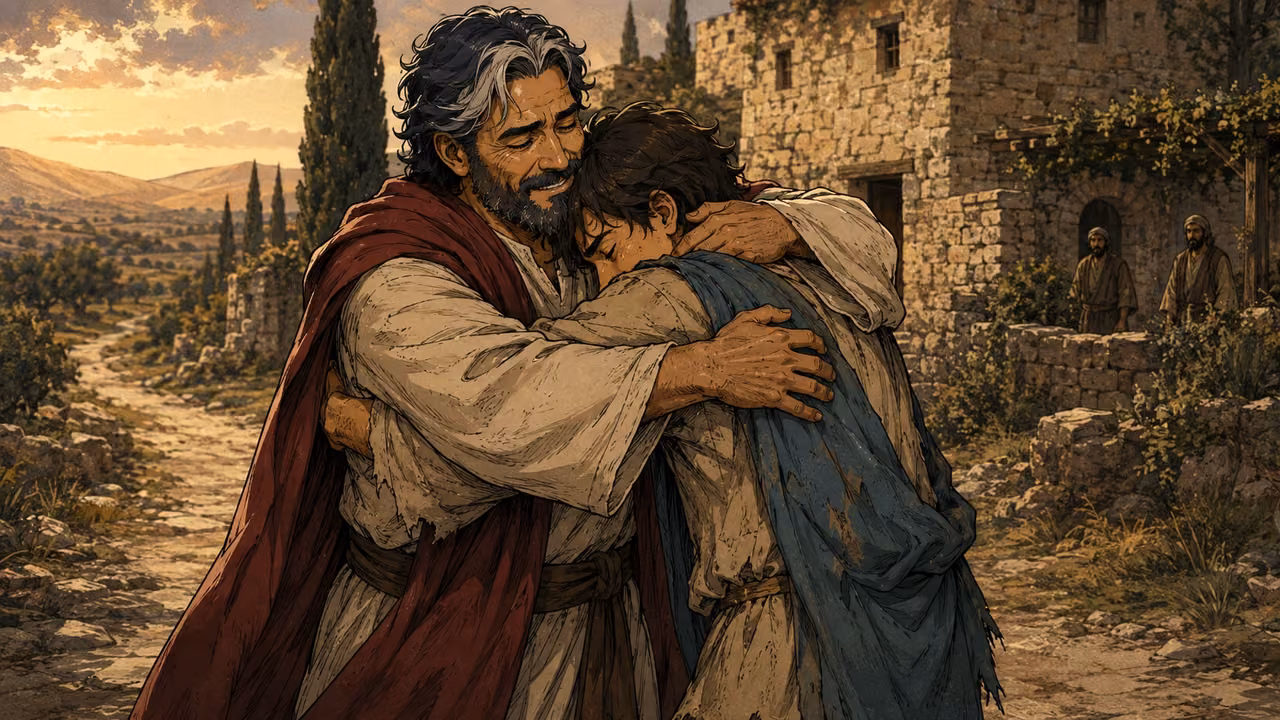 A strong silver-haired father in a wine-red mantle embraces his exhausted younger son on the road home.