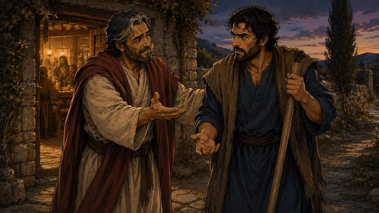 The same father pleads gently with his older son outside a warmly lit celebration as the field worker voices his hurt.
