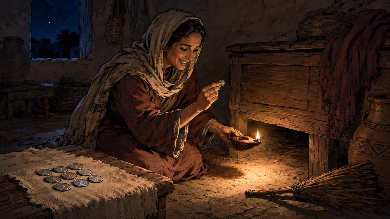 A woman holds up one newly found silver coin beside her lamp and broom while nine other coins rest safely on a cloth.