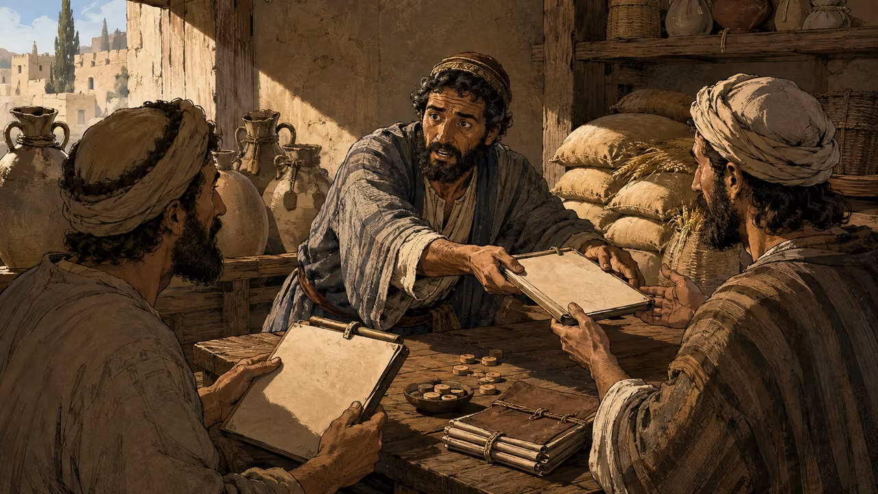 A worried estate manager returns blank revised account sheets to two surprised debtors beside oil jars and wheat sacks.