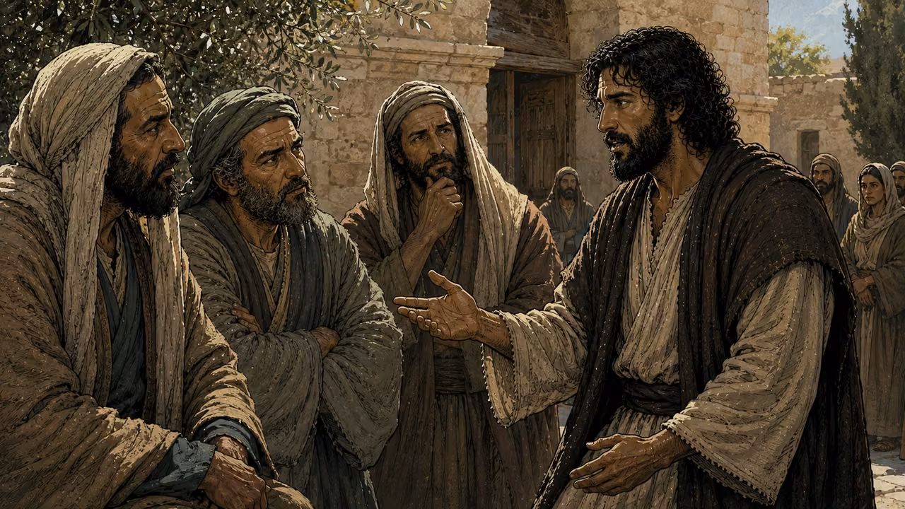 Jesus addresses three dignified Pharisee scholars in a Judean courtyard while ordinary listeners watch.
