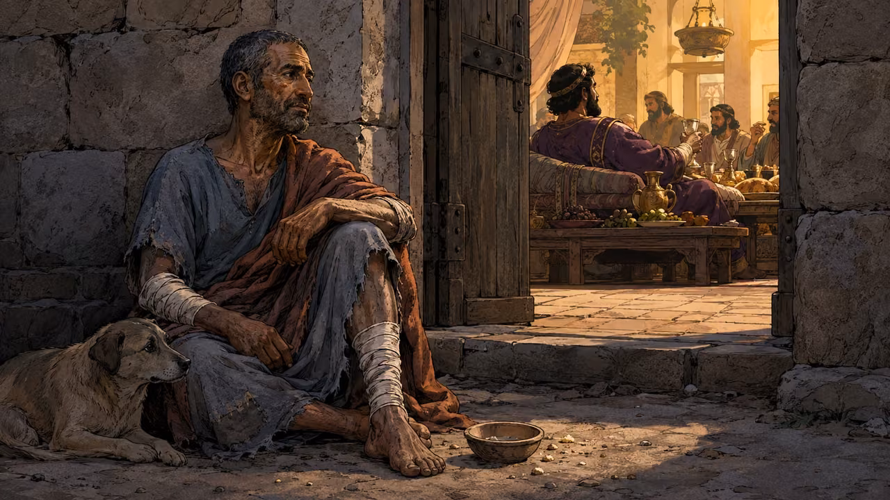 Lazarus sits as a full-size, bandaged adult outside a rich man’s gate while a bright feast continues within.