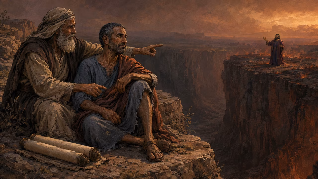 Abraham shelters the restored Lazarus beside closed scrolls while the rich man calls from far across an unbridgeable chasm.