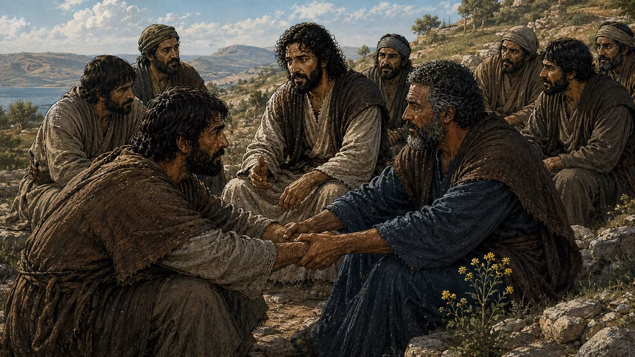 Two disciples reconcile before Jesus while the others listen beside an ordinary mustard plant.