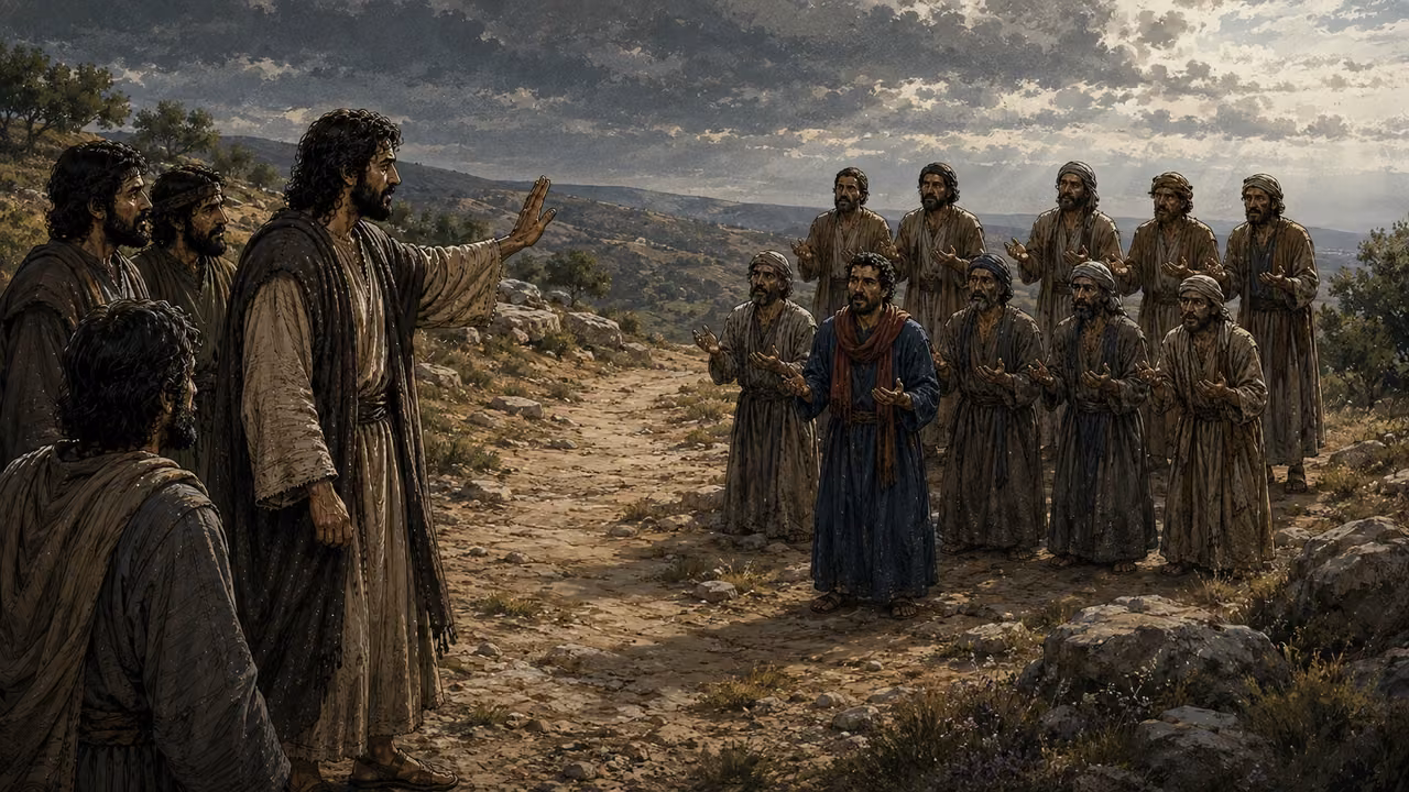 Jesus raises one hand toward exactly ten men waiting at a distance on the road between Samaria and Galilee.