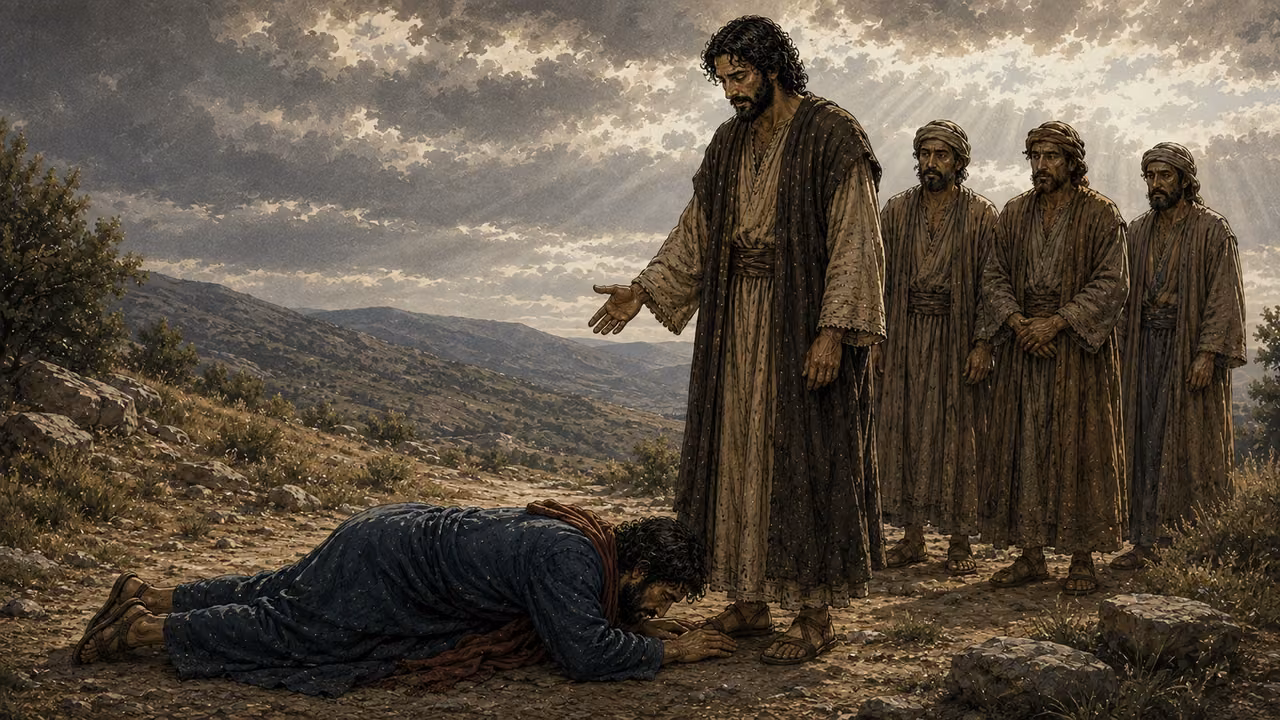 The healed man in an indigo tunic and rust-red scarf lies face down at Jesus’s feet while three disciples witness.