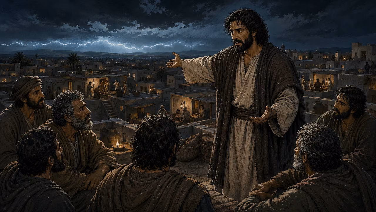 Jesus teaches disciples on a rooftop above ordinary evening life as natural lightning spans the distant horizon.