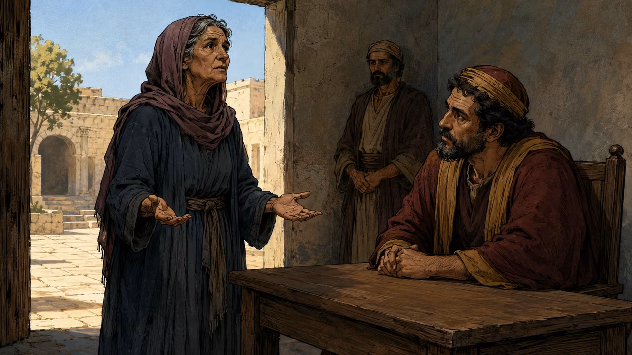 A dignified older widow stands with empty open hands before a weary judge who finally leans forward to listen.