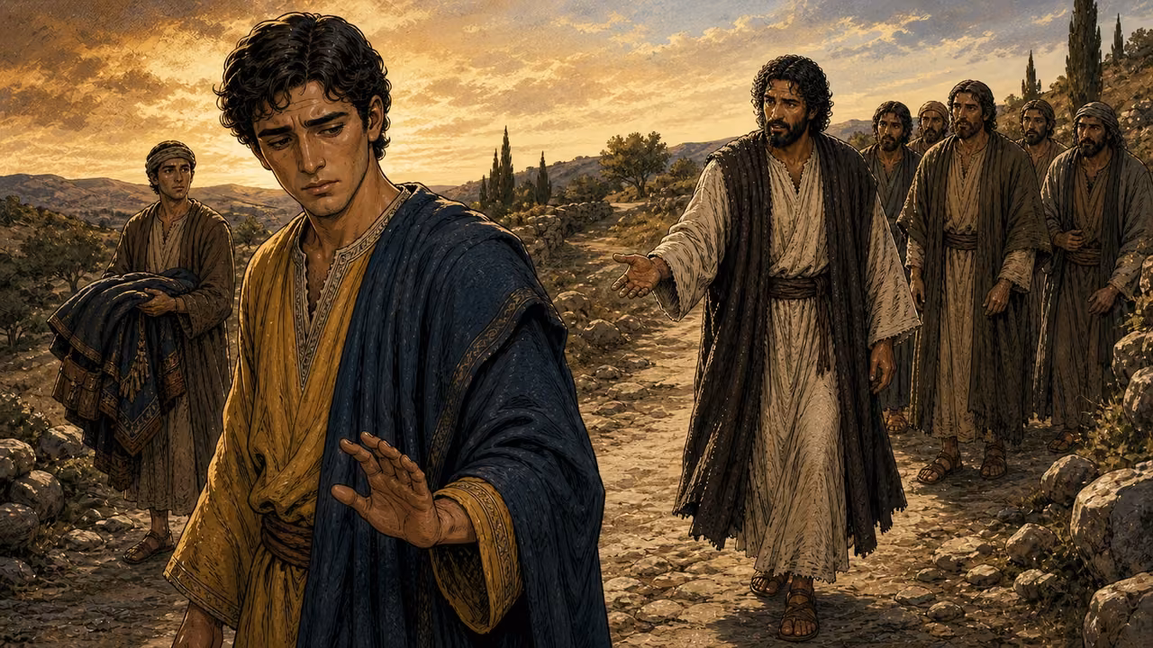 A richly dressed young ruler turns away sorrowful while Jesus and the disciples remain on the road.