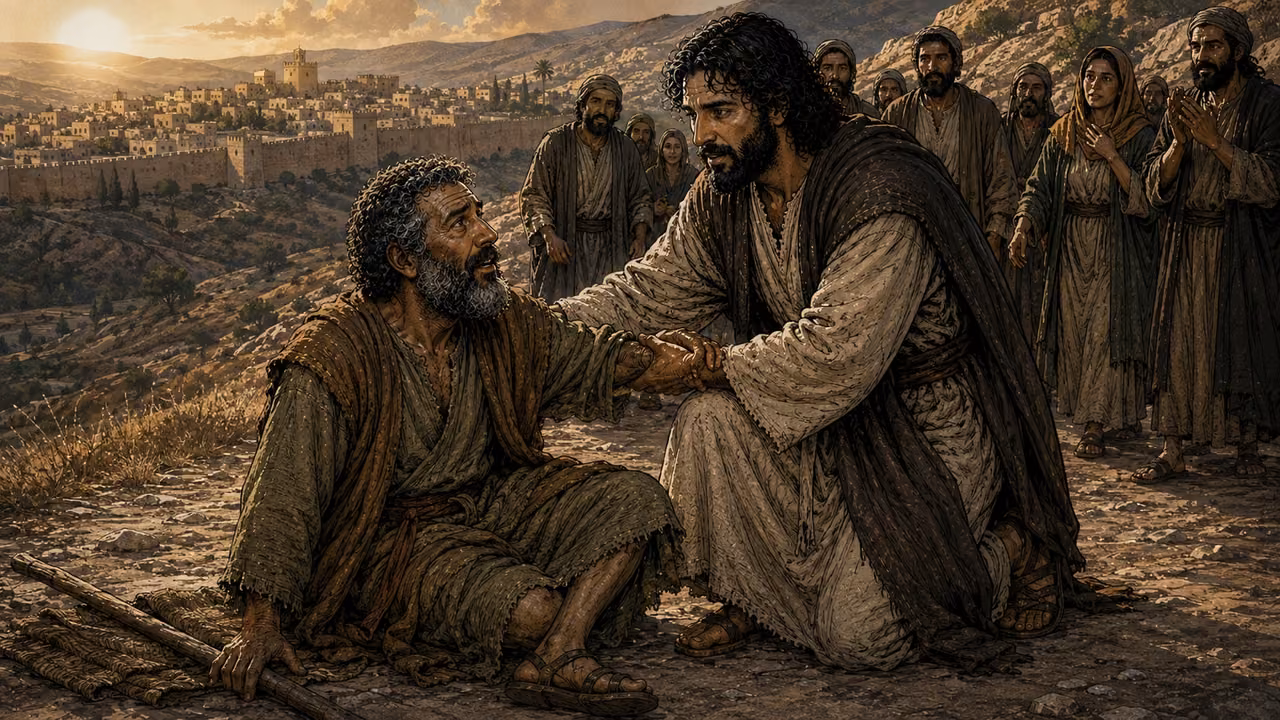 Jesus steadies one restored blind man near Jericho as the man looks up with clear eyes and the crowd praises God.