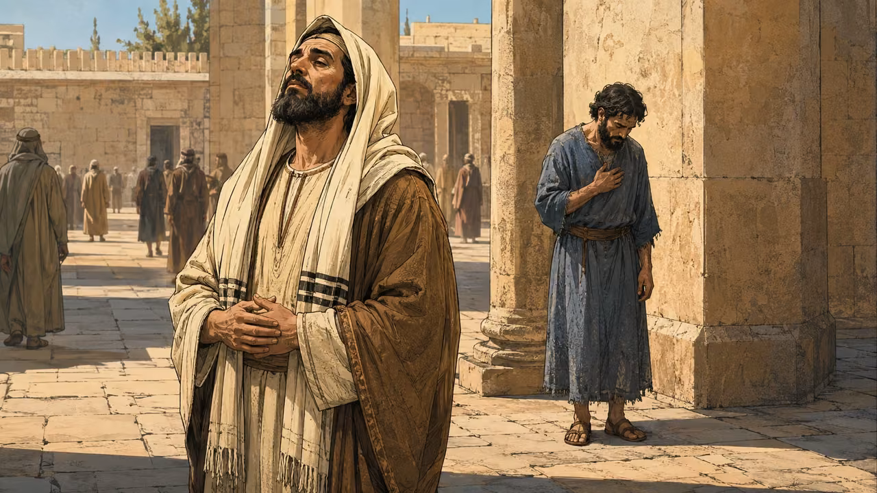 A formally dressed man prays upright while a plainly dressed tax collector stands far behind with one hand on his chest.