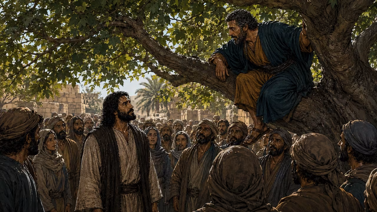 Jesus looks up to adult Zacchaeus seated on a broad sycamore branch above a Jericho crowd.
