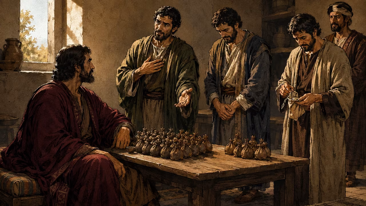A nobleman hears three servants present a large return, a smaller return, and one coin kept in a cloth.