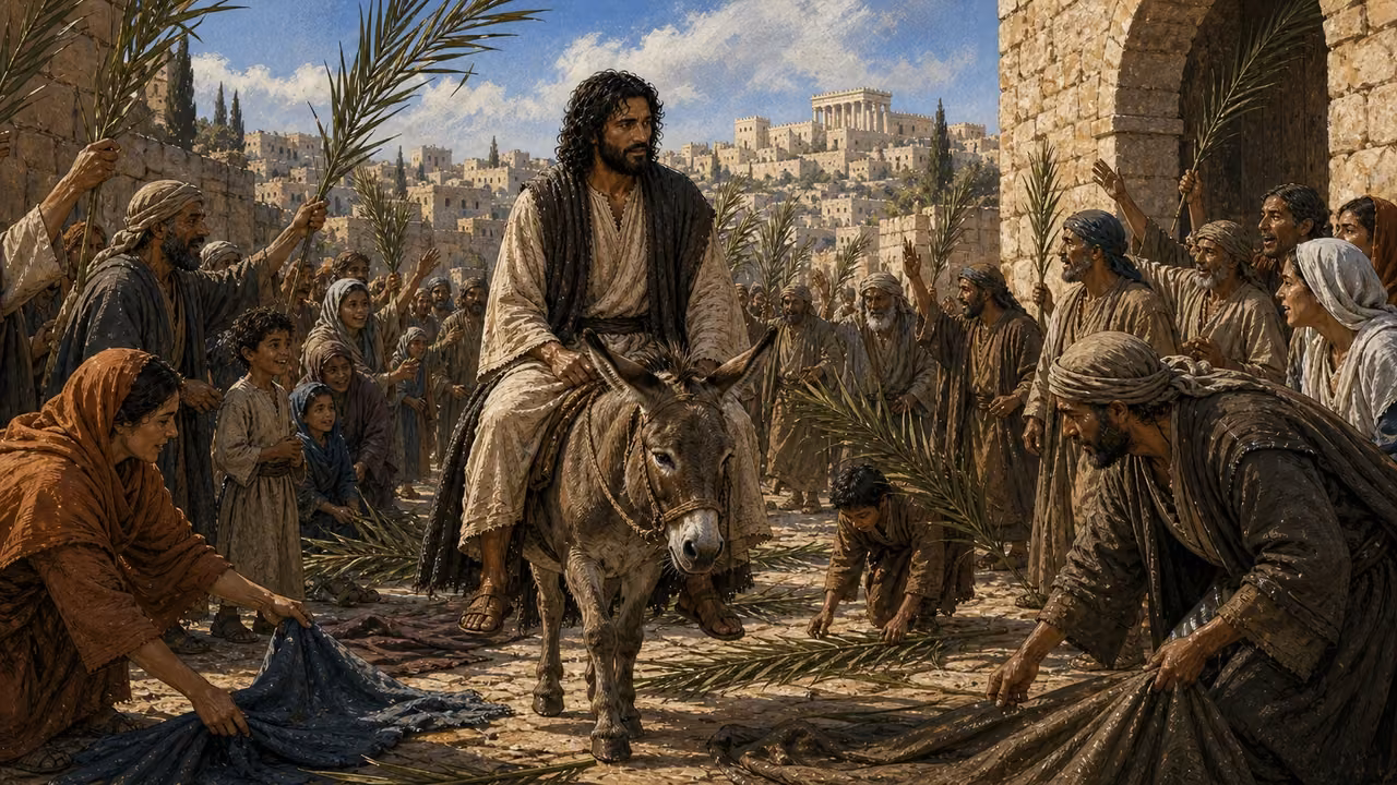 Jesus rides a donkey toward Jerusalem as people spread garments and lift palm branches.